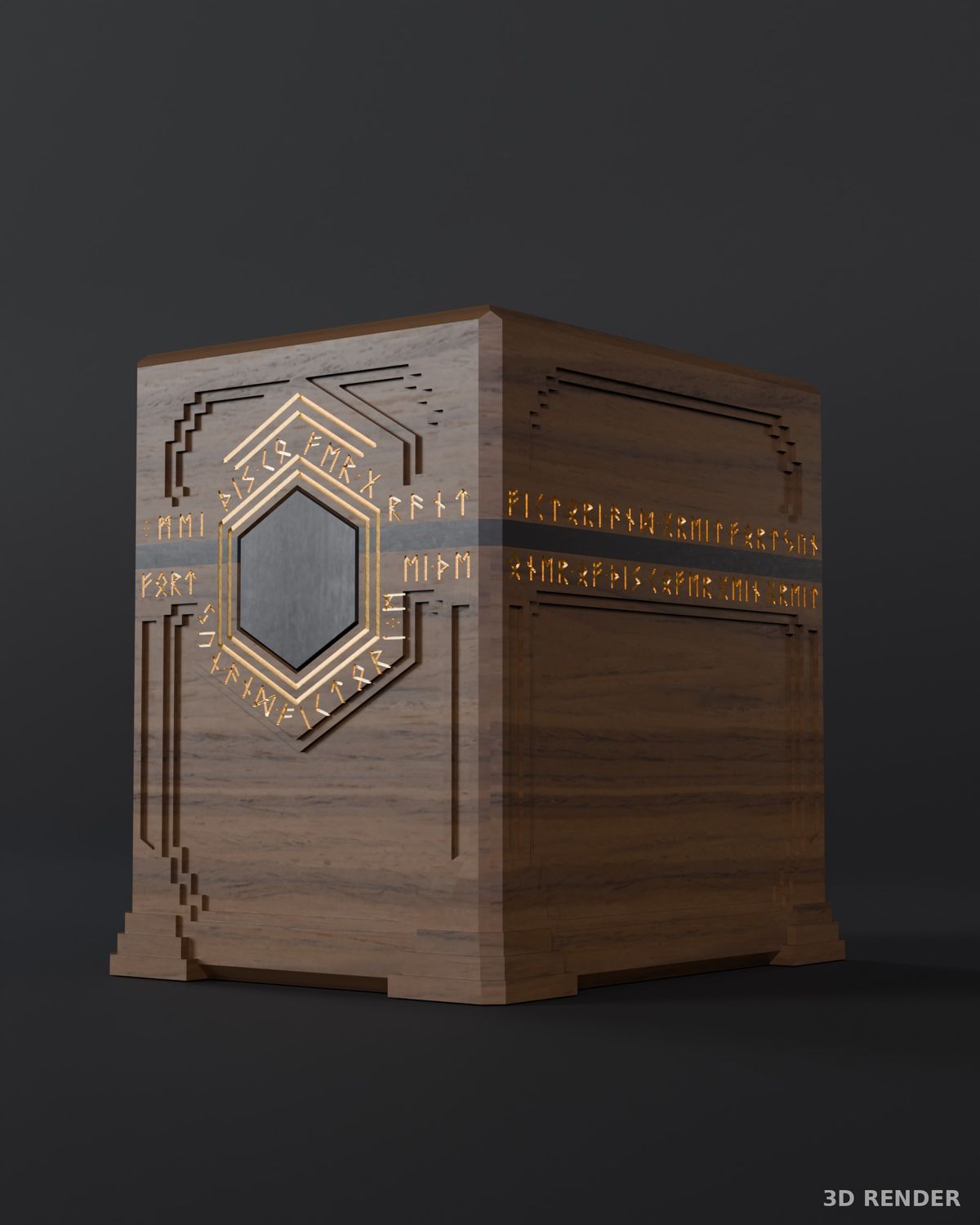 The King’s Coffer in gold: a walnut deck box with a hexagonal ebonized-walnut portal, gilded rune bands and stepped feet