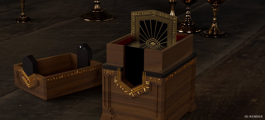 The box open, the lid set beside it, the divider standing above the deck and coins on the table